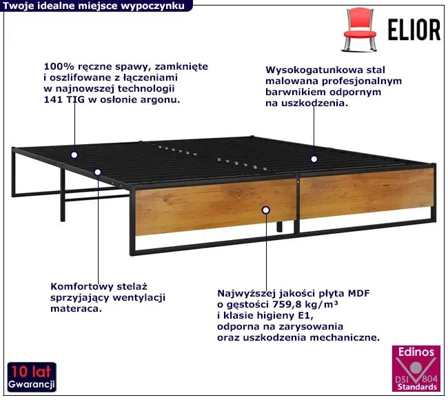 Czarne metalowe łóżko w stylu loftowym 200x200 cm - Fervix