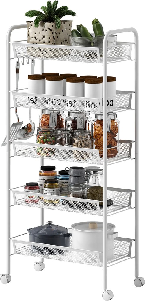 HOMCOM Kuchenny wózek z 5 drucianymi koszami, 4 haczykami, 4 kółkami i 2 uchwytami, stal/plastik, 45x26,5x106 cm, biały | Aosom PL