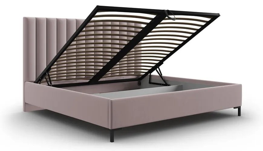 Jasnoróżowe tapicerowane łóżko dwuosobowe ze schowkiem i stelażem 160x200 cm Casey – Mazzini Beds