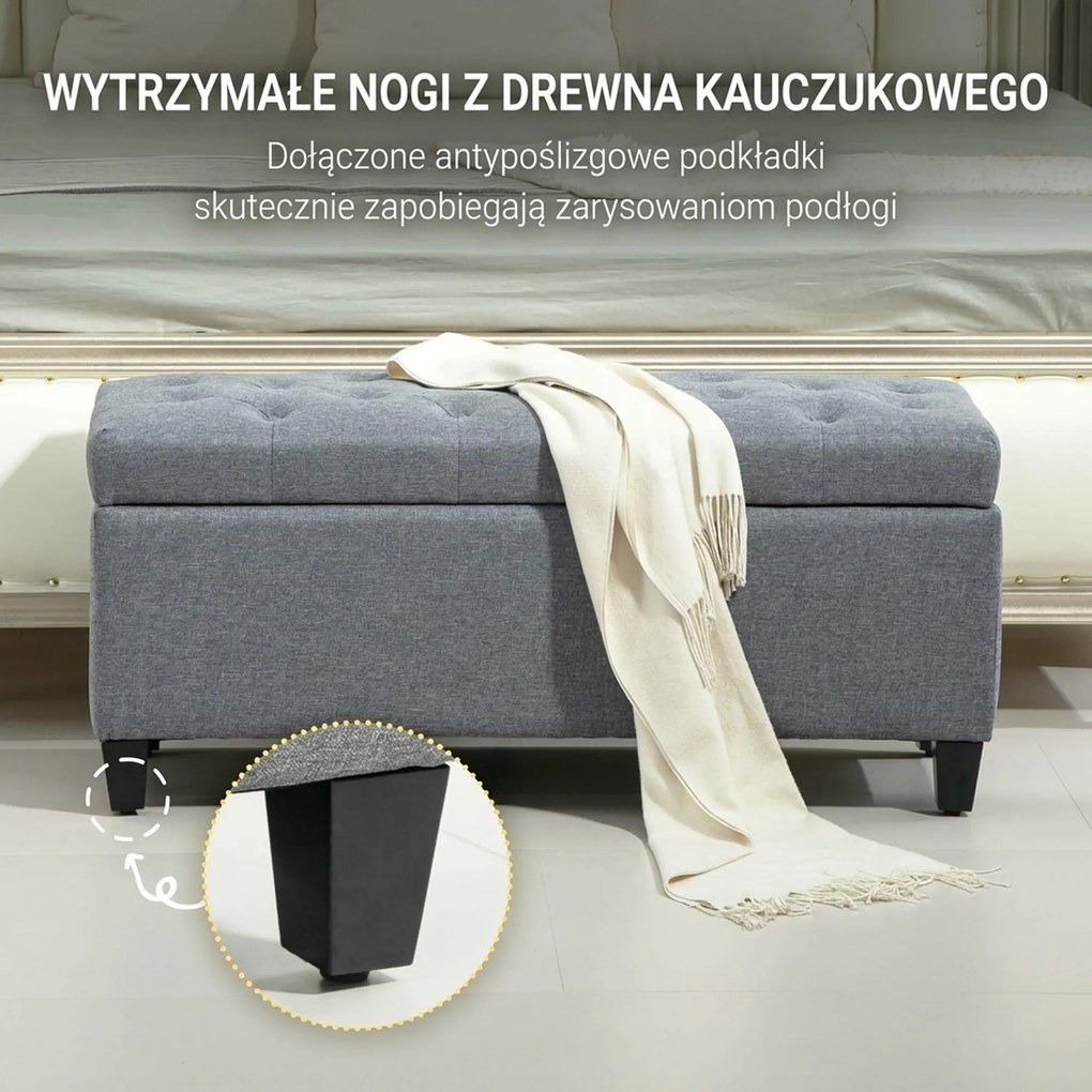 HOMCOM ławka tapicerowana z pojemnikiem na buty do przedpokoju tkanina poliestrowa drewno jasnoszary 100x40x44 cm | Aosom PL