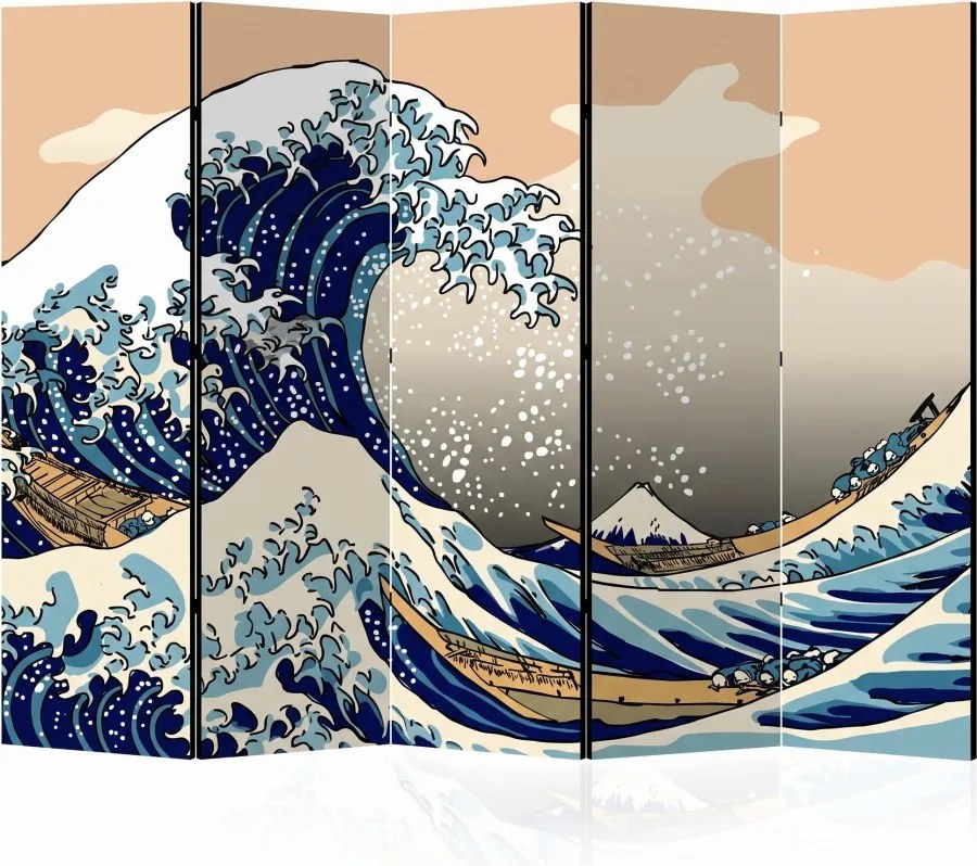 Parawan pokojowy 5-częściowy 225x172 Dwustronny dekoracyjny japandi pop-art Niebieski Wielka Fala Pop