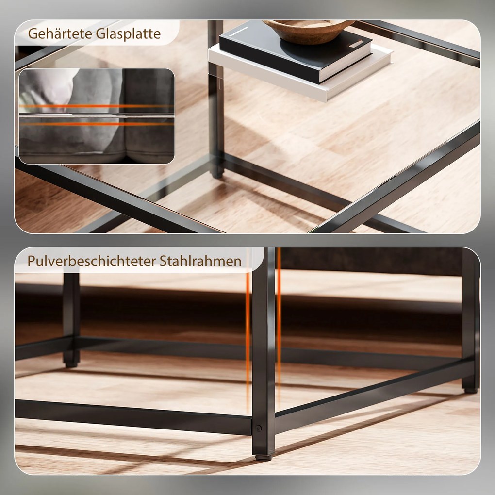HOMCOM Kwadratowy stolik kawowy 68×68×39 cm — hartowane szkło, stal, czarny