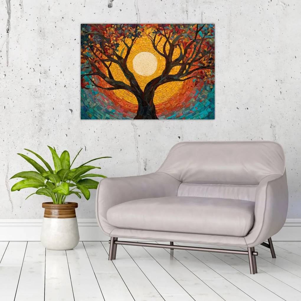 Obraz na szkle - Słońce w koronie drzewa życia (70x50 cm)