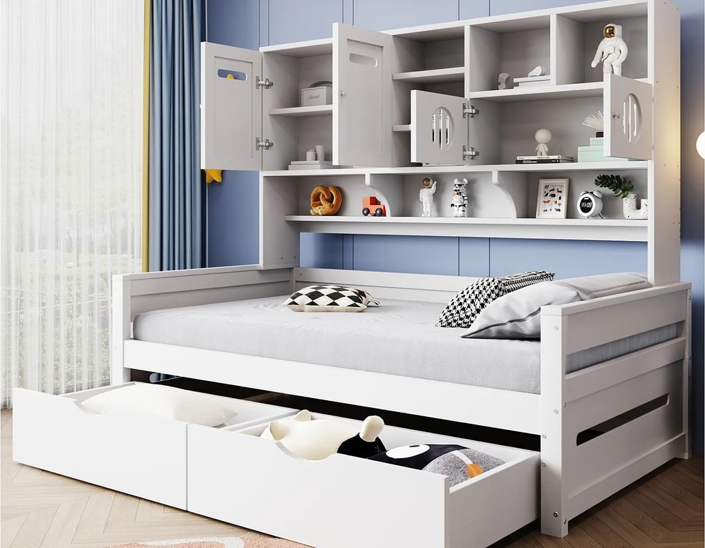 Sofa rozkładana 90x200 cm - z 2 szufladami - z kilkoma półkami - z listwowym stelażem - biały (materac nie jest w zestawie)