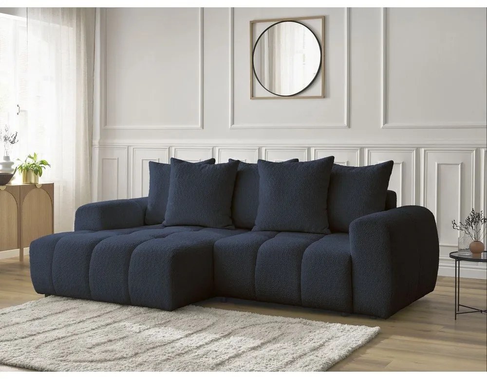 Niebieski rozkładany narożnik z materiału bouclé ze schowkiem (lewostronny/z szezlongiem) Roxelane – Bobochic Paris