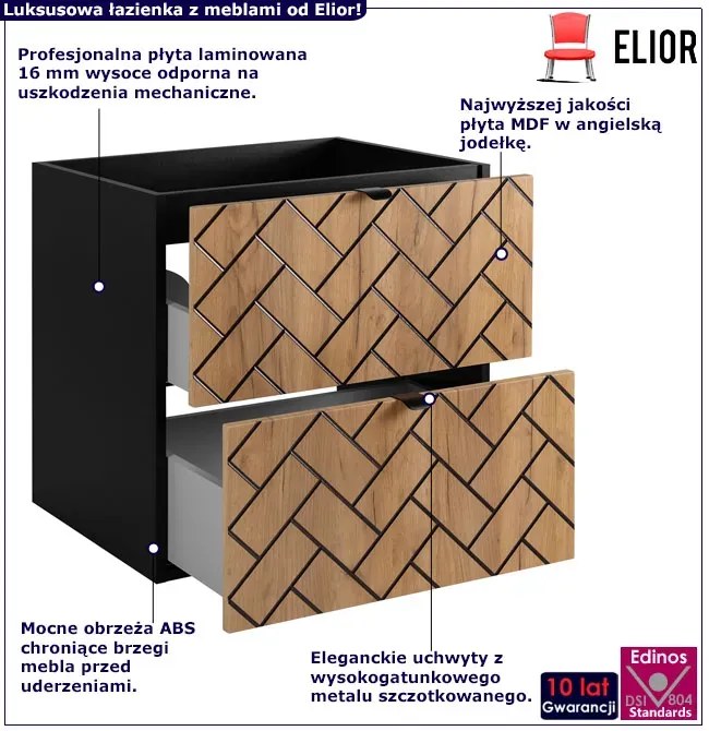 Szafka umywalkowa w jodełkę 60 cm czarny + dąb craft złoty K9-A37