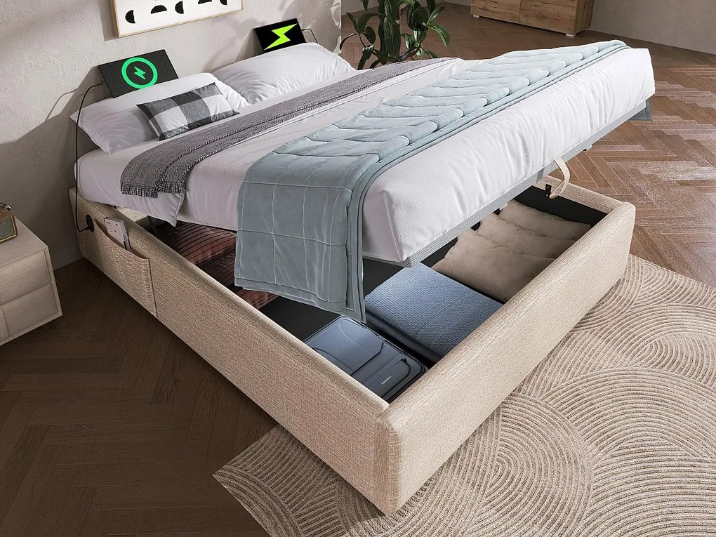 Łóżko tapicerowane 140×200cm - tkanina lniana - z gniazdami do ładowania i stelażem na listwy - Beżowe