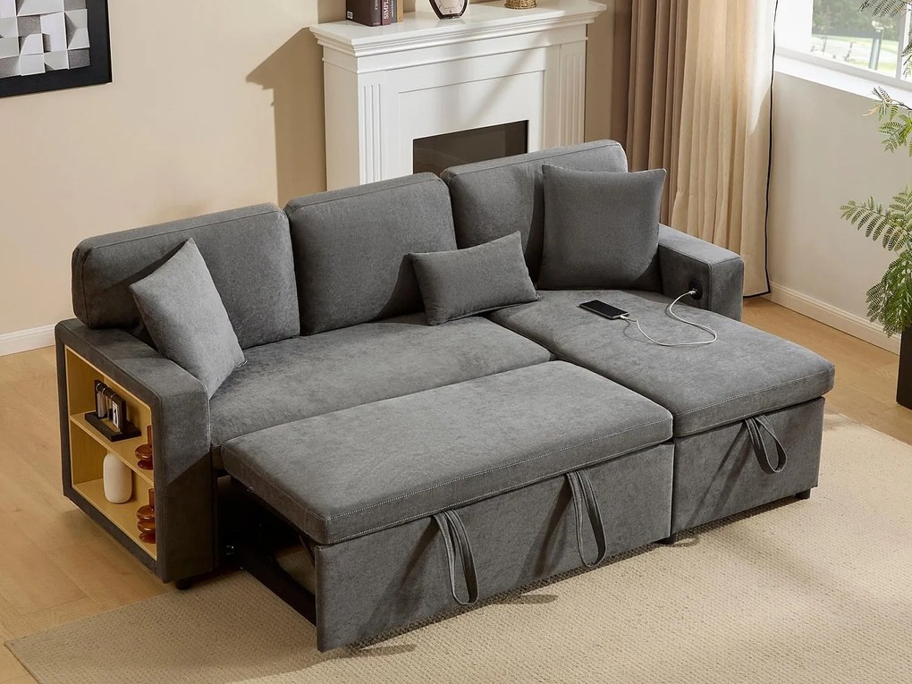 Kanapa 215x133x85cm - z portem USB - z miejscem do przechowywania - z funkcją łóżka - szara