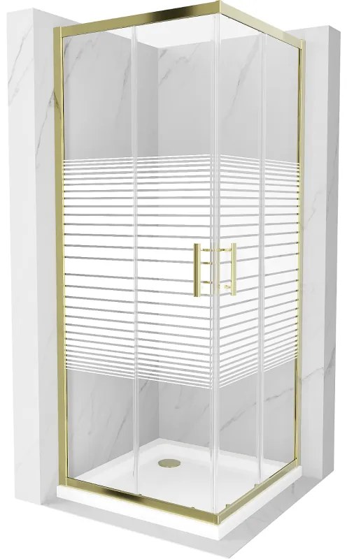 Mexen Rio kabina prysznicowa kwadratowa 80 x 80 cm, białe pasy, złota + brodzik Flat, biały - 860-080-080-50-20-4010G