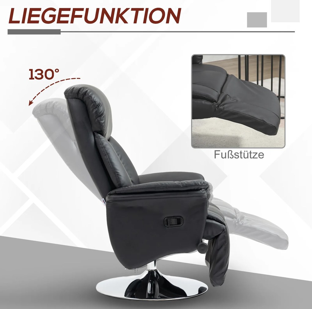 HOMCOM Fotel Relaksacyjny z Funkcją Leżenia, Skóra Ekologiczna, Podnóżek, do 150 kg, 78 x 80 x 109 cm, Czarny