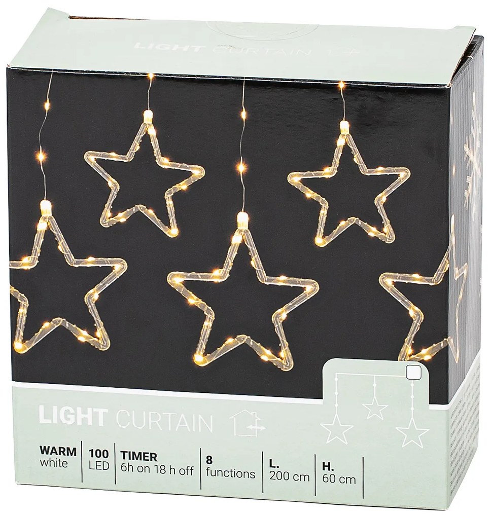 Kurtyna świetlna zewnętrzna Stars, 200 x 60 cm, LED, ciepła biała, timer, 8 funkcji, na baterie, 200 cm