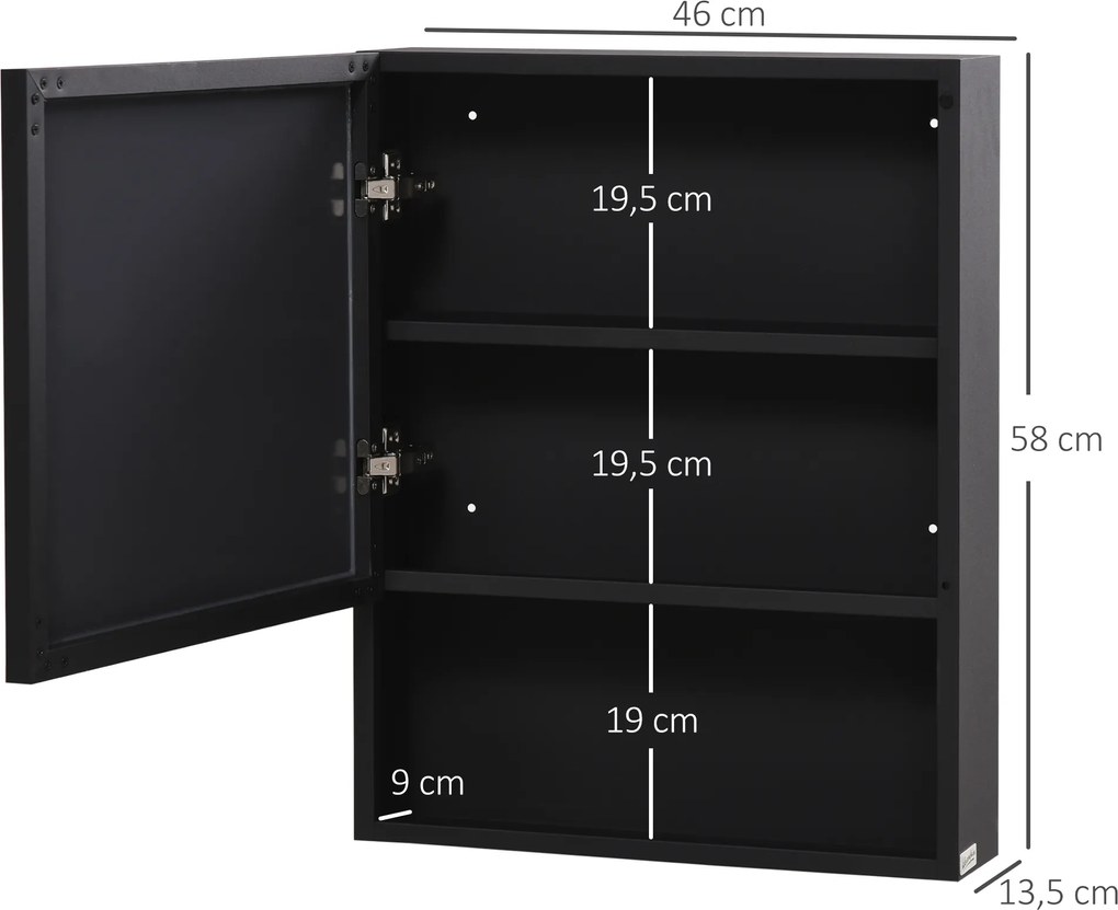 Szafka łazienkowa kleankin, 2 półki wewnętrzne, otwarta półka, obudowa ze stali, czarna, 46 x 13,5 x 58 cm