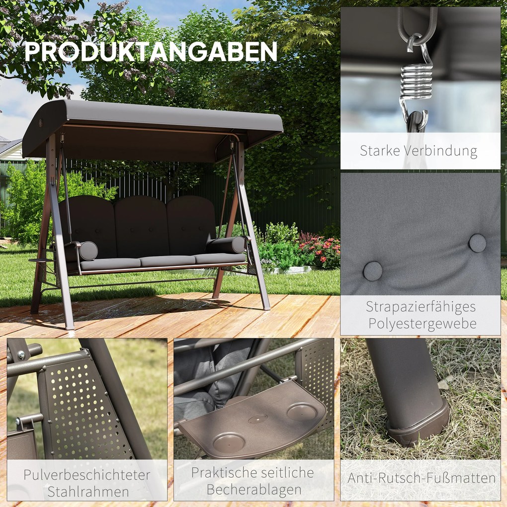 Outsunny Huśtawka Hollywood 3-osobowa huśtawka ogrodowa z daszkiem, półką, poduszką do 360kg Ciemnoszary | Aosom PL