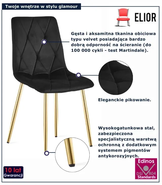 Czarne pikowane krzesło metalowe glamour K9-F50