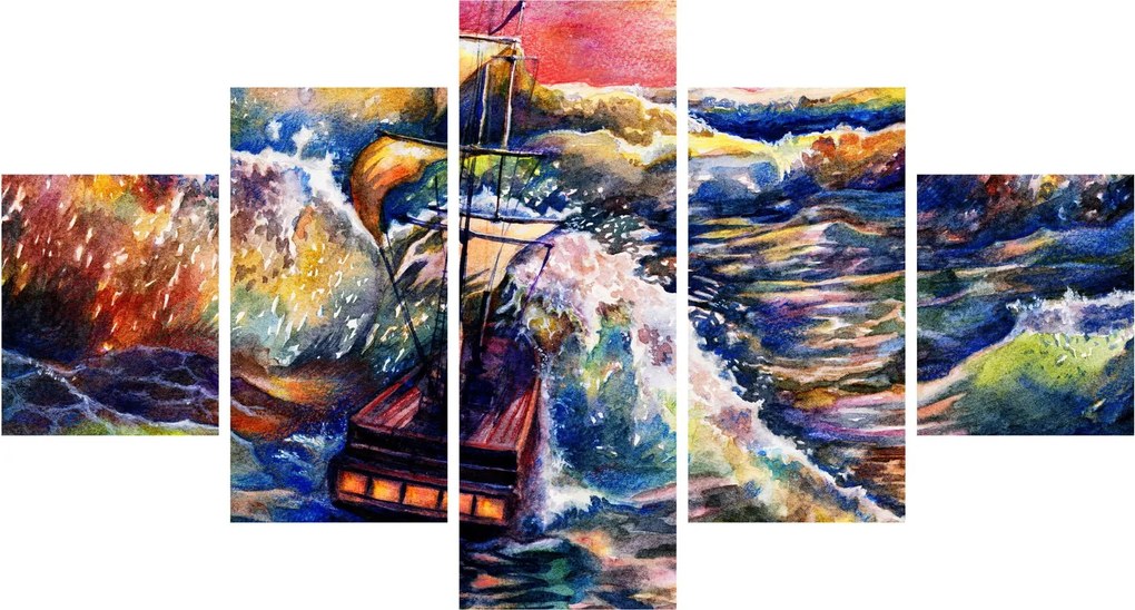 Obraz - Statek na falach oceanu, akwarela (125x70 cm)