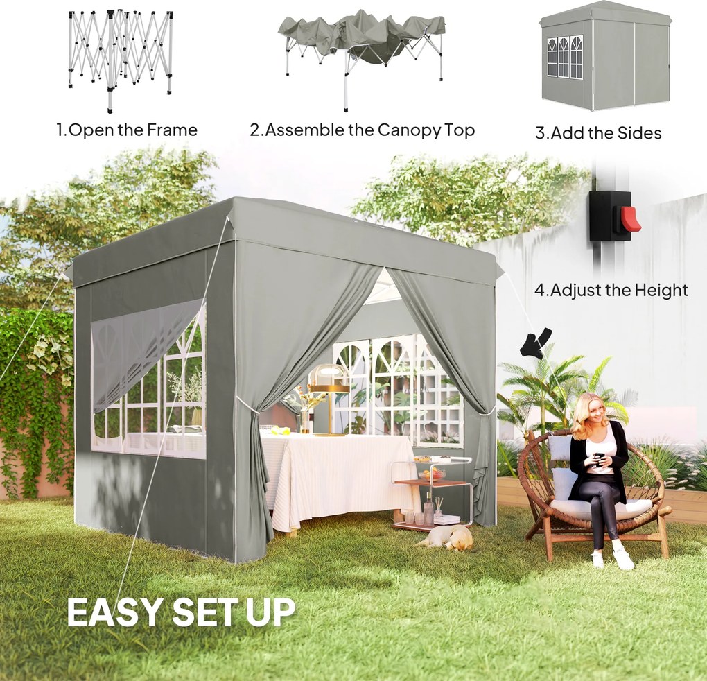 Outsunny 2,5 x 2,5 m Pawilon Pop-up z bocznymi ścianami i Torbą, UPF50+ Składany Namiot Ogrodowy z regulowaną wysokością, Jasnoszary