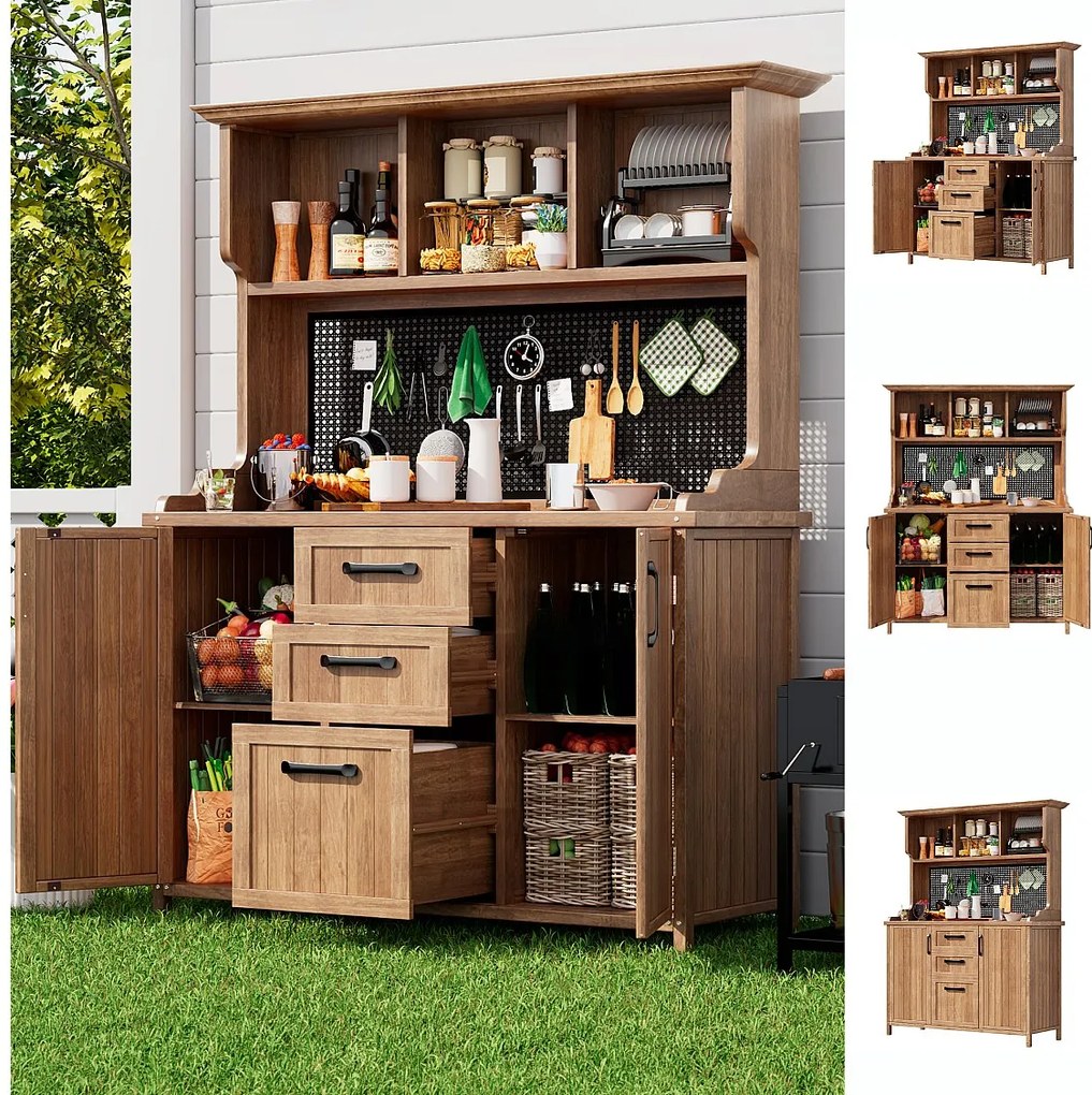 Drewniana szafka ogrodowa - 125 x 50 x 185 cm - z 3 szufladami + 3 przegrodami + metalowy panel perforowany - naturalny