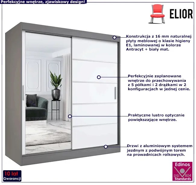 Przesuwna szafa z lustrem 180 cm antracyt + biel - Ebia 5X