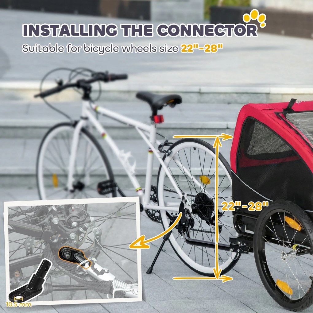 PawHut Przyczepka rowerowa składana z odblaskami oknami z siatki kołami drzwiami i chorągiewką, do 20 kg, 138x70x89 cm, czerwona | Aosom PL