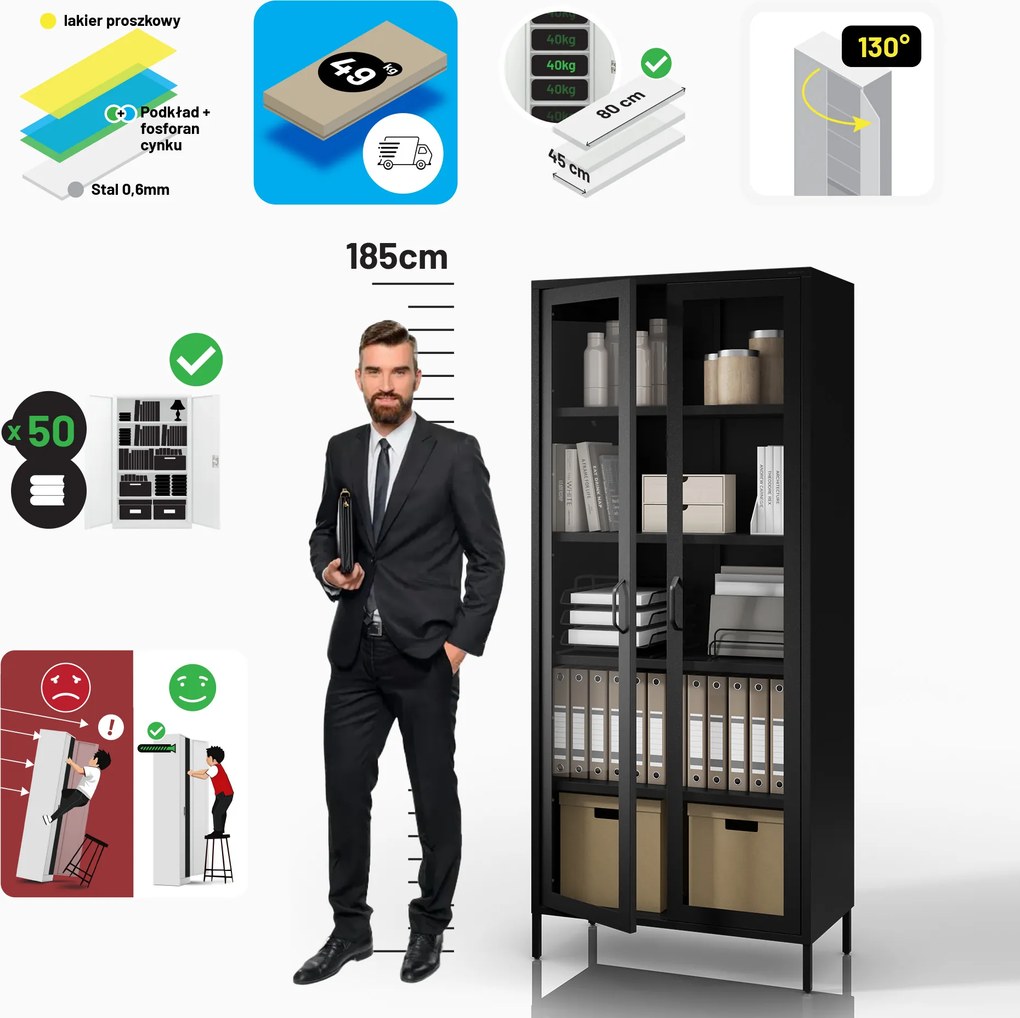 Witryna szklana do salonu metalowa czarna ANGELO Modern 800 x 1850 x 450 mm