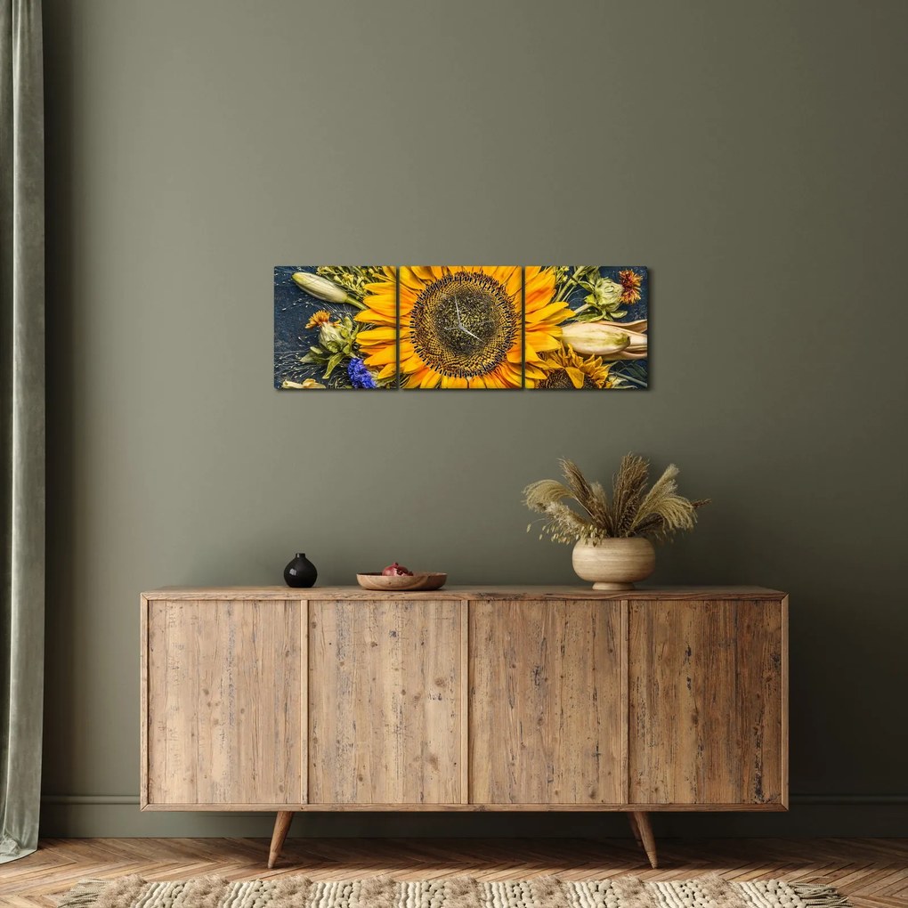 Obraz - Jesienne kwiaty (z zegarem) (90x30 cm)
