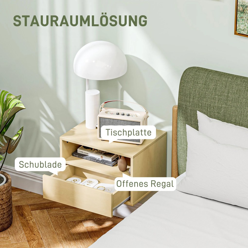 HOMCOM 2-częściowy zestaw wiszących stolików nocnych, Stolik nocny, Komoda nocna, Płyta wiórowa, Naturalny, 45 x 35 x 27,5 cm