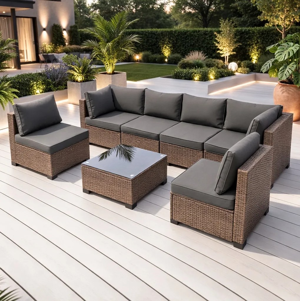 Modułowy narożnik ogrodowy Caldoro technorattan, jasny brąz, poduszki szare