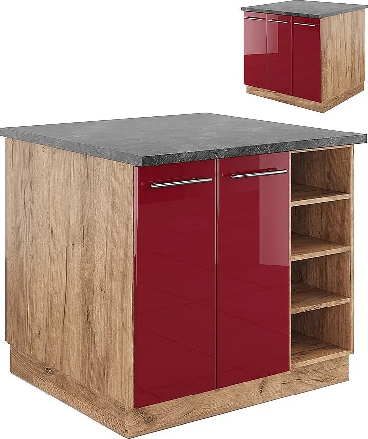 Wyspa kuchenna bordeaux wysoki połysk/złoty dąb 90x60x82 fame-line