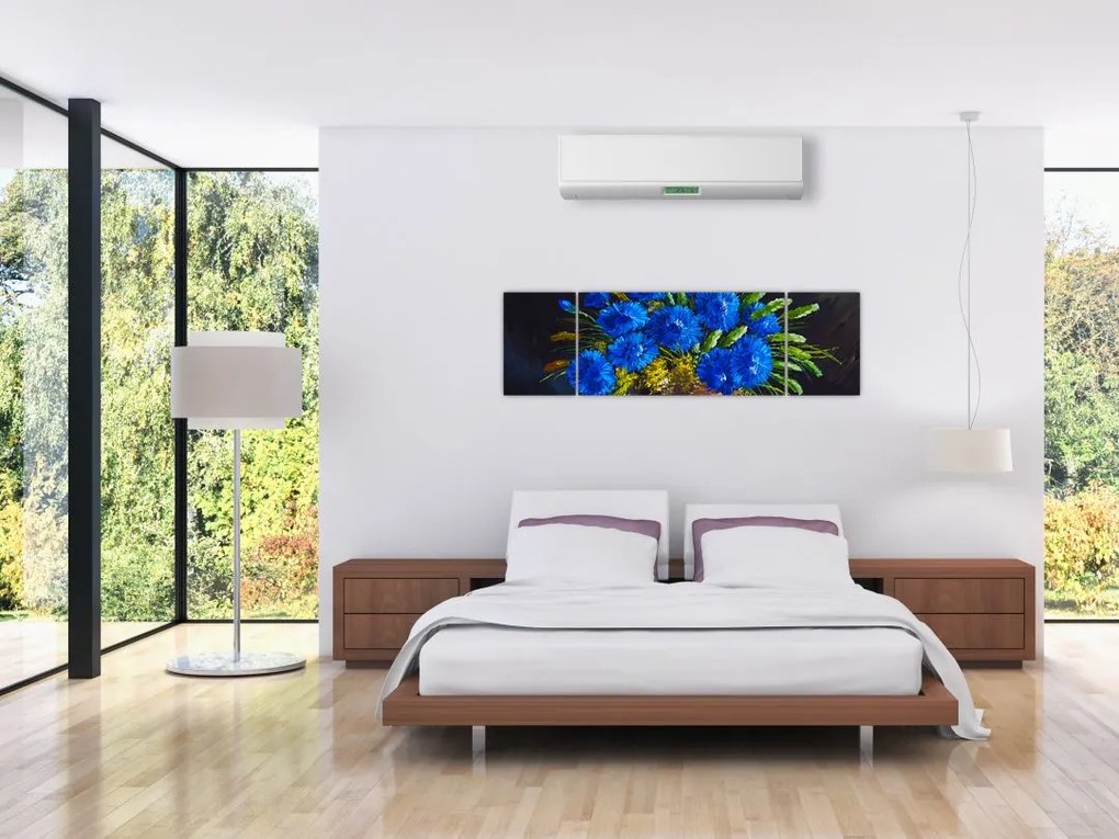 Obraz niebieskich kwiatów w wazonie (170x50 cm)
