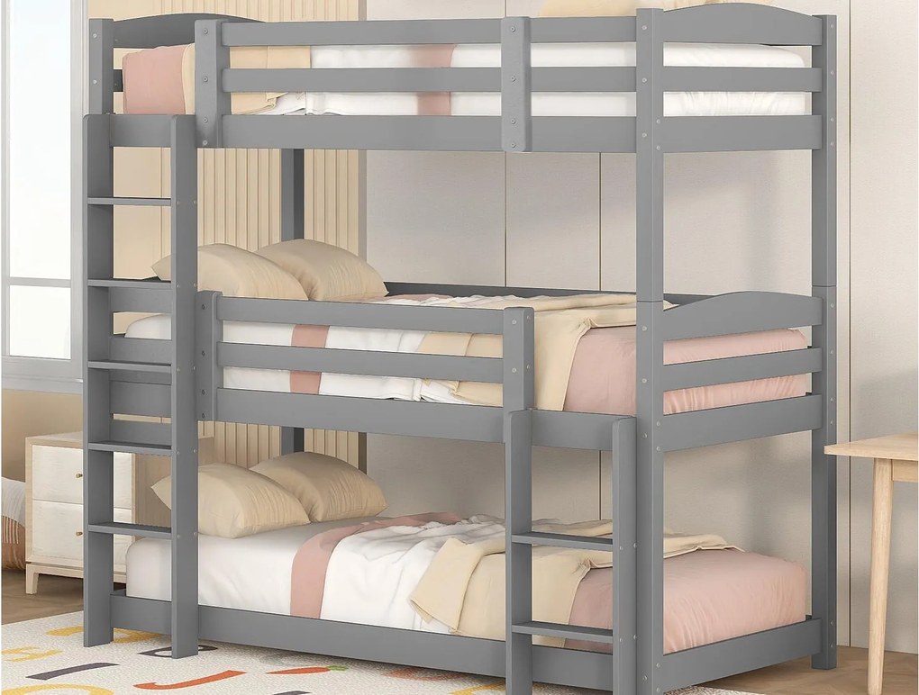 Łóżko piętrowe potrójne z drabiną i barierką ochronną - 90x200cm - drewno lite - Szary
