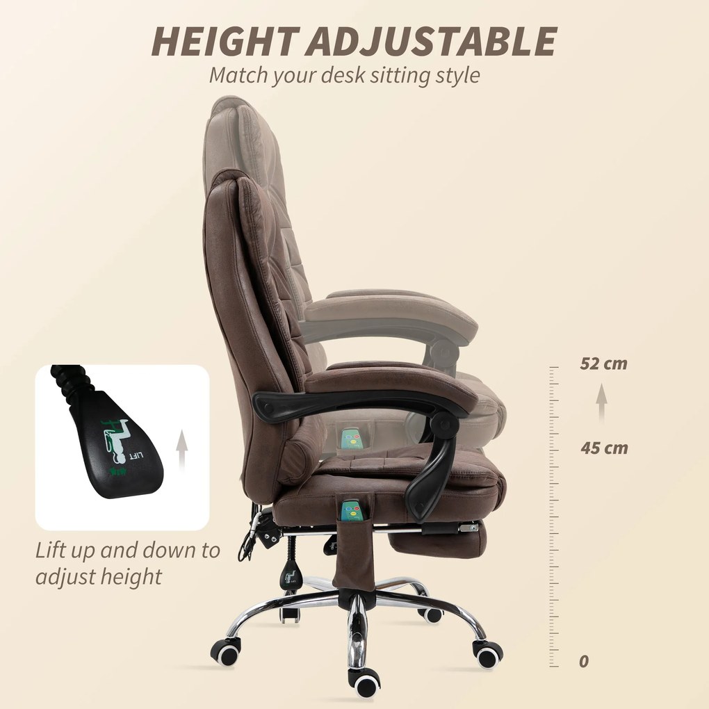 Vinsetto Masujący Fotel Biurowy z Funkcją Leżenia i Ogrzewania, Obrotowy, Ergonomiczny, do 120 kg, Brązowy