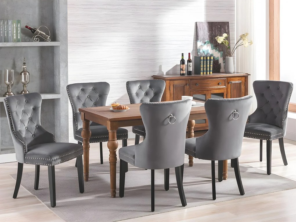 Zestaw 6 krzeseł skandynawskich - tkanina aksamitna - z dębowymi nogami - Szary