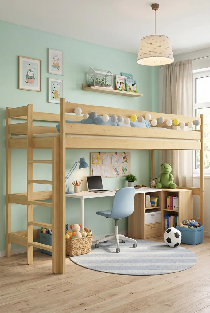 Drewniane lakierowane łóżko dziecięce z antresolą - 5 rozmiarów B7-P01