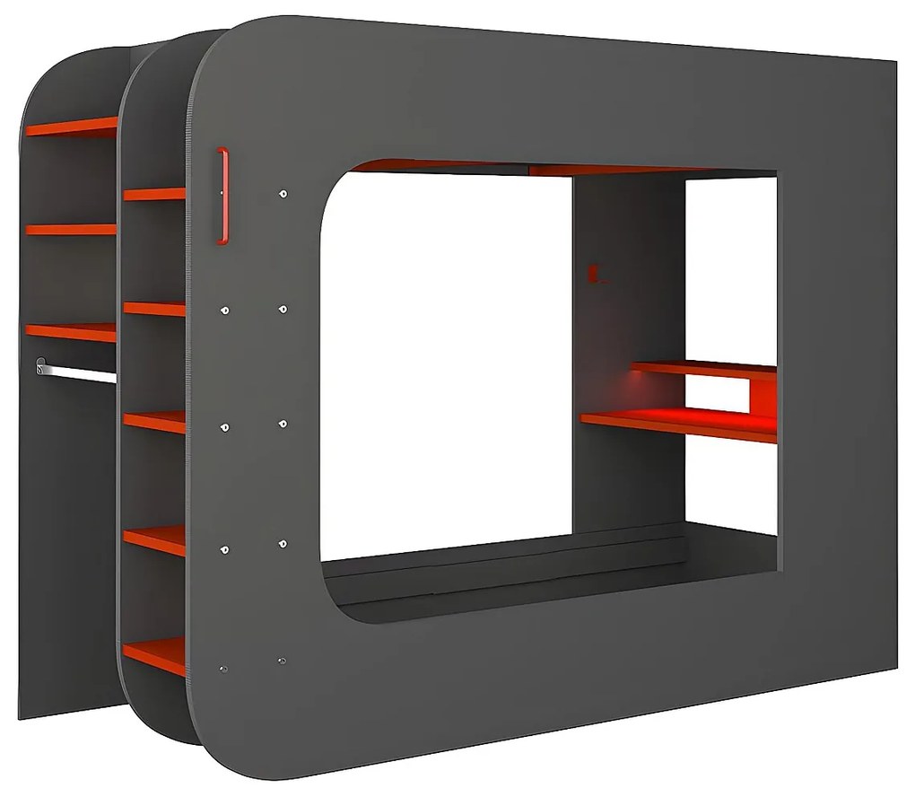 Łóżko na antresoli gamer 90 x 200 cm - Z biurkiem i ze skrzynią  - Z diodami LED - Kolor antracytowy i czerwony - WARRIOR
