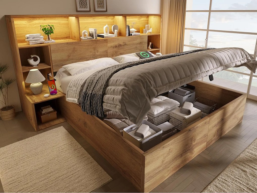 Łóżko z pojemnikiem dla dorosłych 160x200cm słoje drewna dębowego - z oświetleniem LED i portem USB-C - z wbudowanym stolikiem nocnym - z półką - kolor dębowy