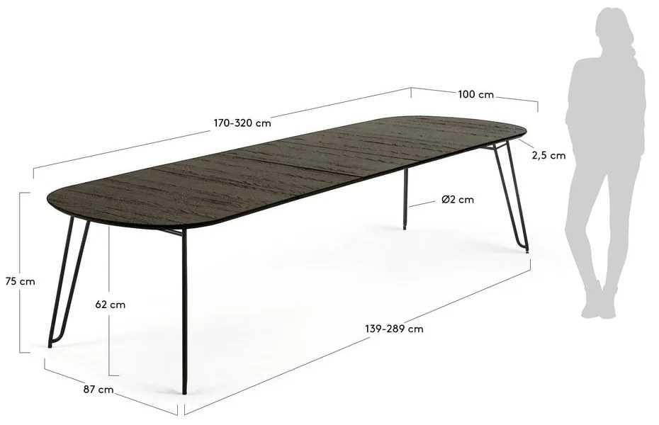 Ciemnobrązowy rozkładany stół z blatem w dekorze jesionu 100x170 cm Milian – Kave Home