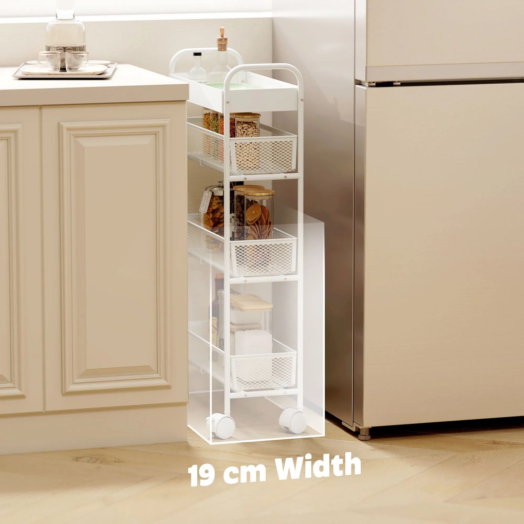 HOMCOM Wózek kuchenny metalowy, 3 kosze, wąski design, 4 koła, do kuchni, salonu, łazienki, biały