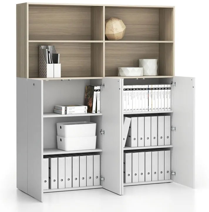 Szafa biurowa podwójna SEGMENT 2-drzwiowa, zamykana, 8 półek, biały / naturalny dąb