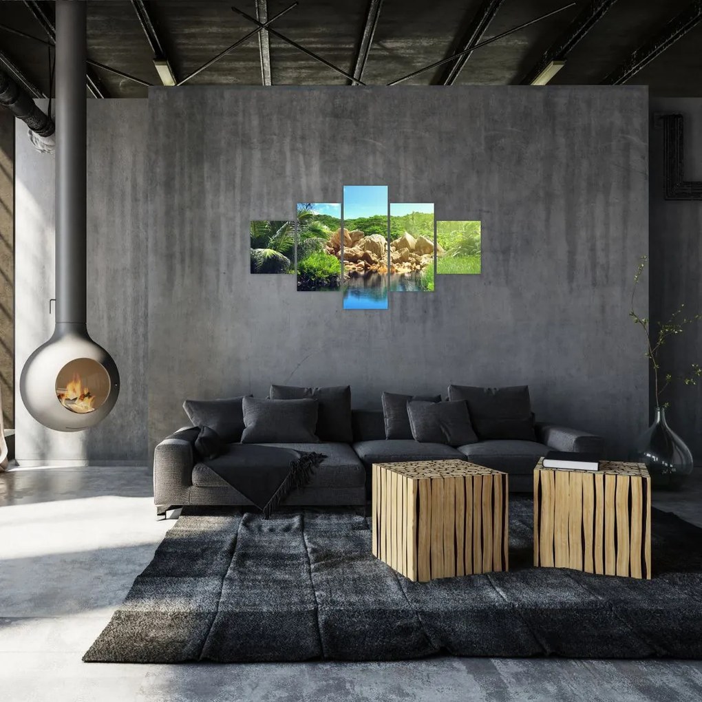 Obraz jeziora w dżungli Seszeli (125x70 cm)