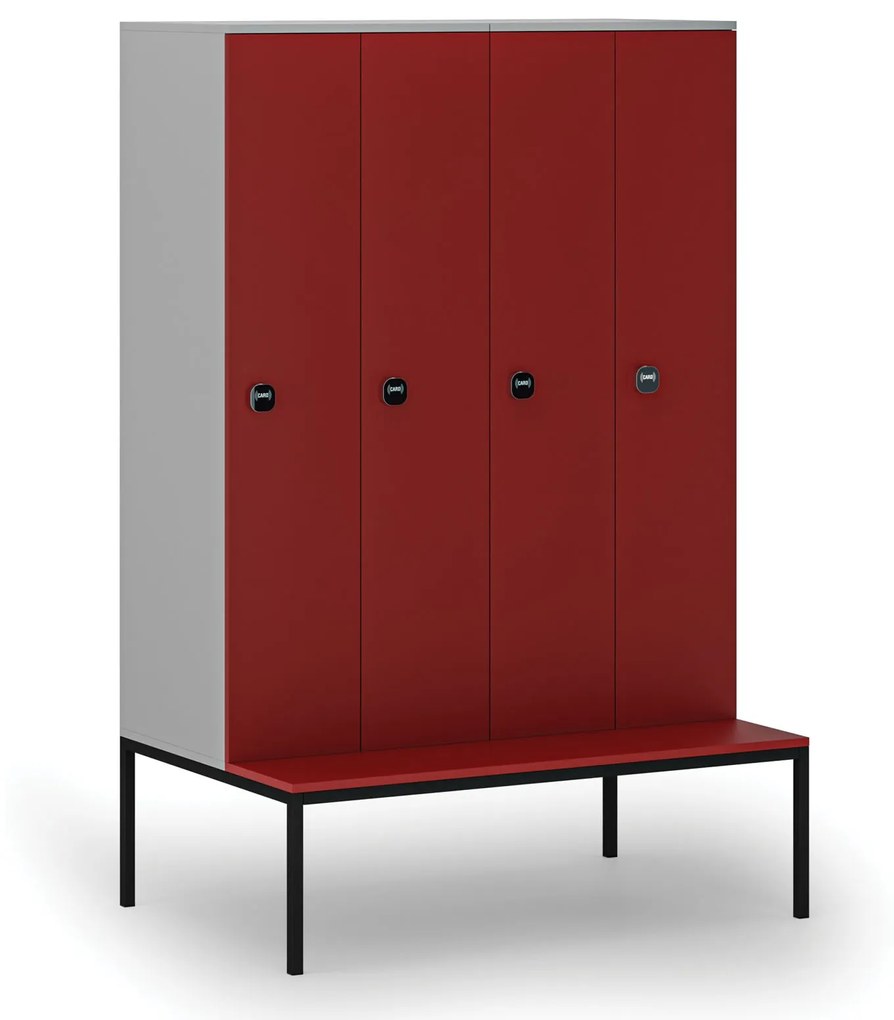 Drewniana szafa ubraniowa z ławką, 4-drzwiowa, 1871 x 1200 x 500/800 mm, zamek RFID, szary/czerwony