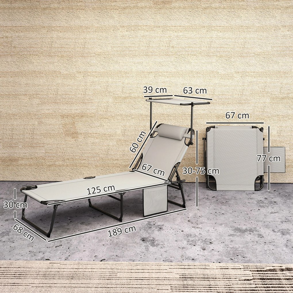 Outsunny Składany leżak ogrodowy z daszkiem, materacem, regulowanym oparciem w 4 pozycjach, Jasnoszary