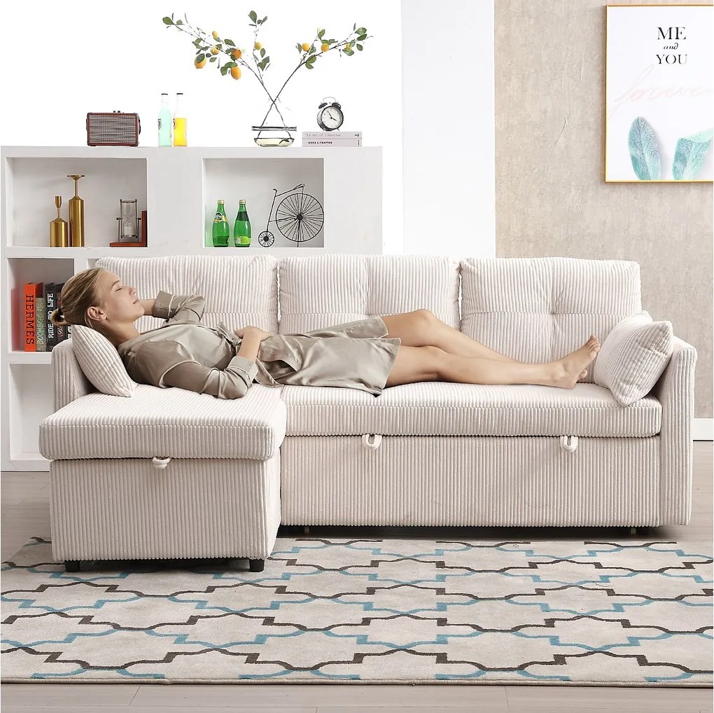 Sofa rozkładana 3-osobowa - 206 x 130 x 88 cm - sofa modułowa - ze schowkiem - aksamitna - beżowa