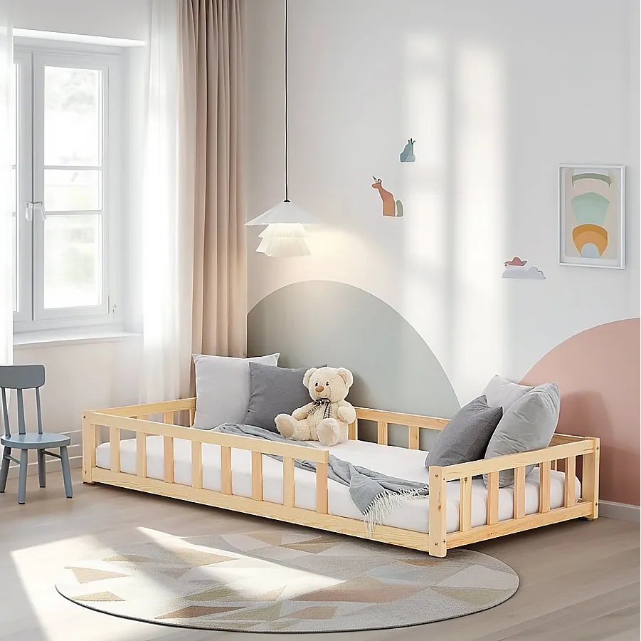Łóżko podłogowe dla malucha 90x200 cm Naturalne łóżko Montessori z barierkami