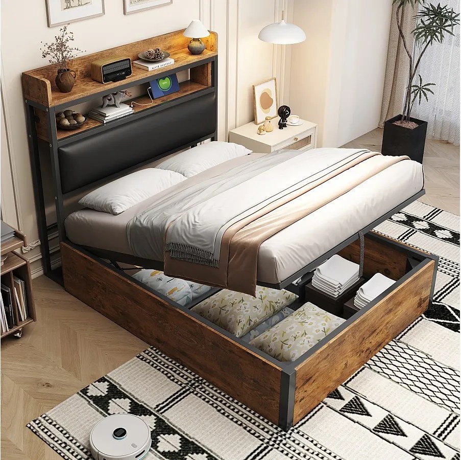 Łóżko vintage ze schowkiem - 90 x 200 - z USB + tapicerowany zagłówek ze schowkiem - Metal + tkanina + MDF - czarne