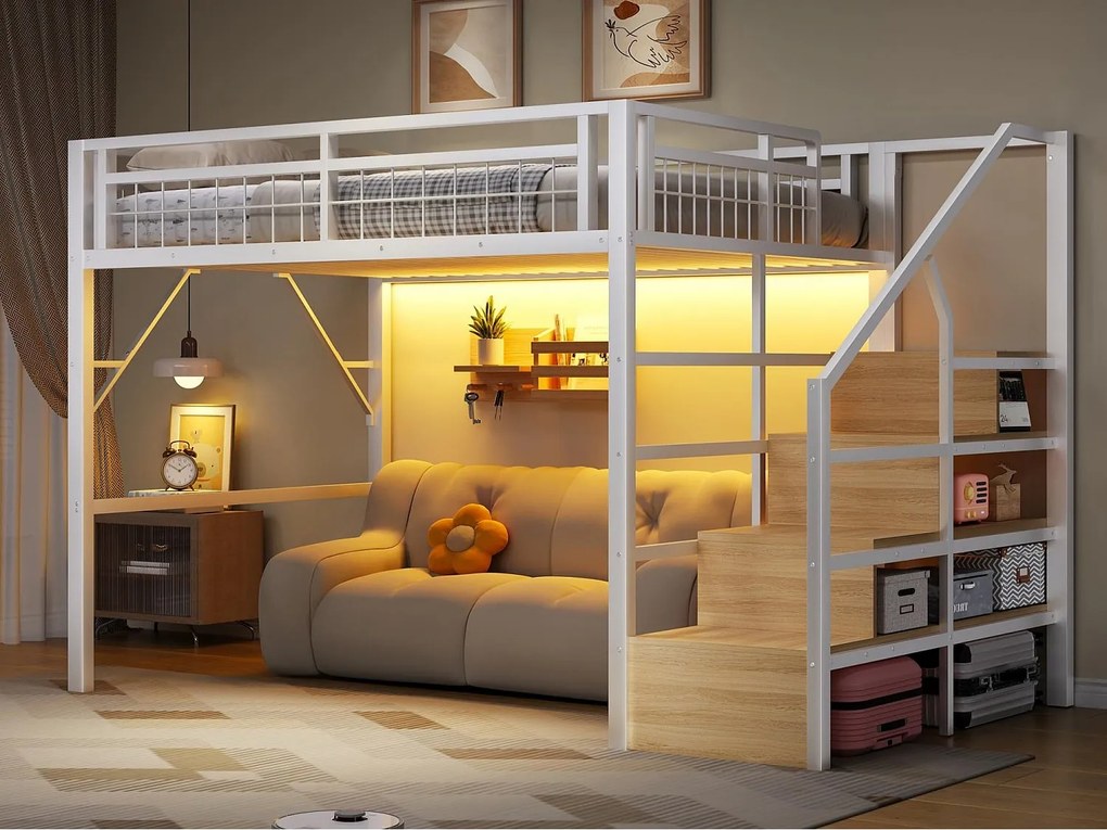 Łóżko na antresoli 140 x 200 cm - Konstrukcja stalowa - Oświetlenie LED - Drabina - Biały​ (materac nie jest wliczony w cenę)