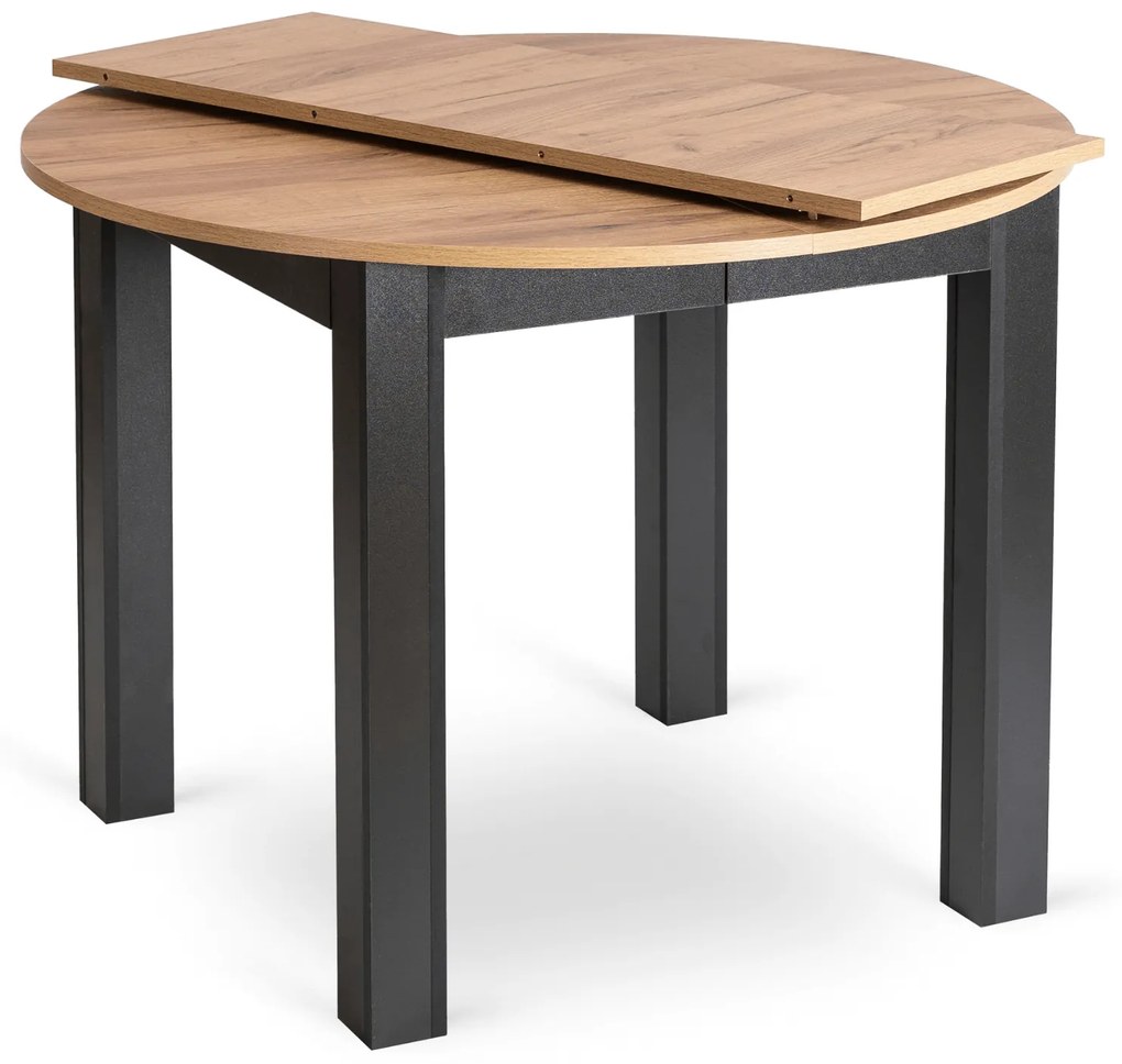 Zestaw Stół Okrągły Rozkładany HARRY 102-142 cm Dąb Craft/Czarny i 4 Krzesła Tapicerowane PERU Szare Welurowe Nowoczesne