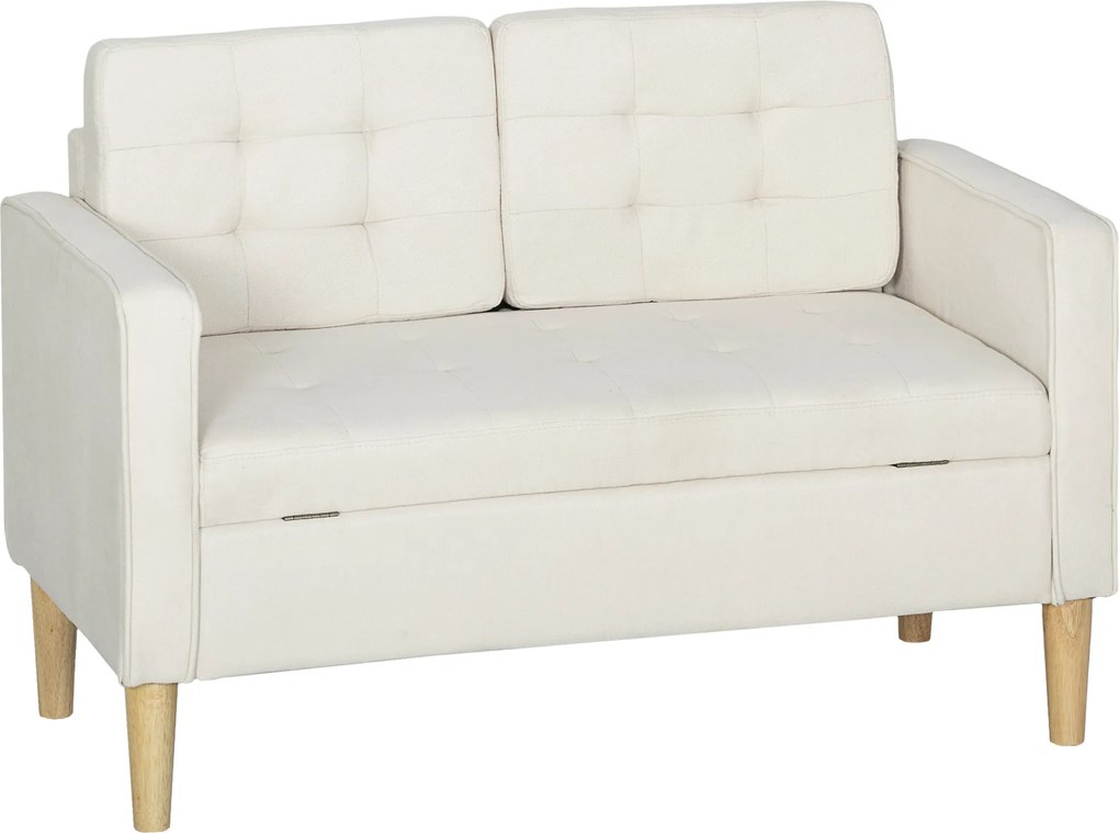 HOMCOM Sofa 2-osobowa z pojemnikiem i pikowaniem — welur, kremowa, 117×62×78 cm