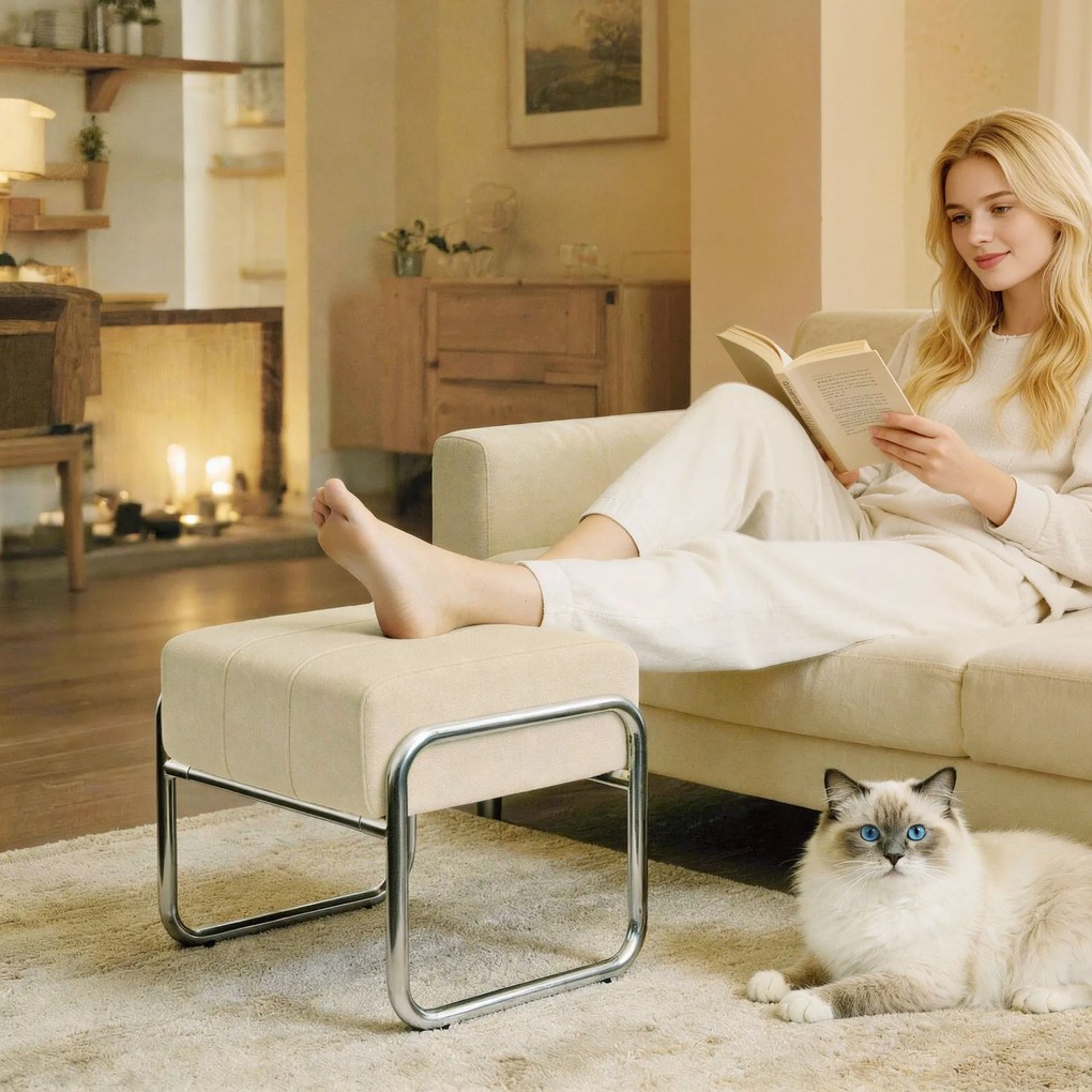 HOMCOM Podnóżek Pufa Grubo tapicerowana z tkaniną chenille i nogami stalowymi do sypialni, beżowy | Aosom PL