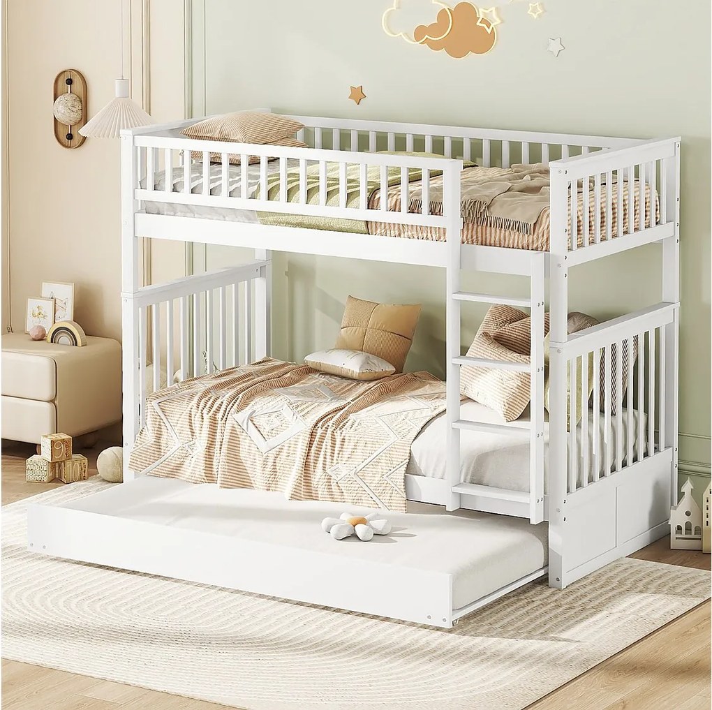 Łóżko piętrowe 90x200 cm – z łóżkiem wysuwanym – wysokie barierki – białe