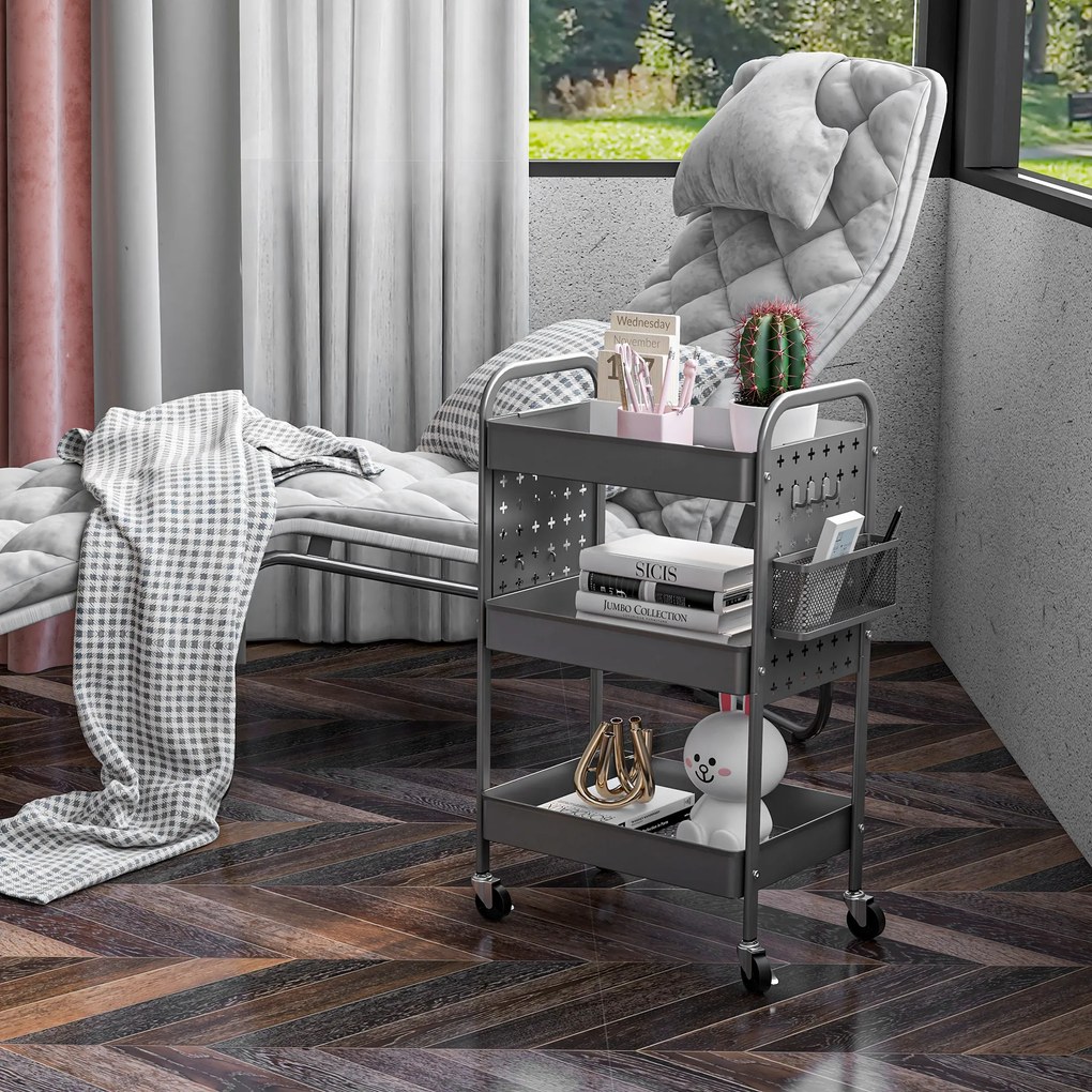 HOMCOM Wózek Kuchenny na Kółkach z 3 Poziomami i 2 Koszami Ciemnoszary | Aosom PL